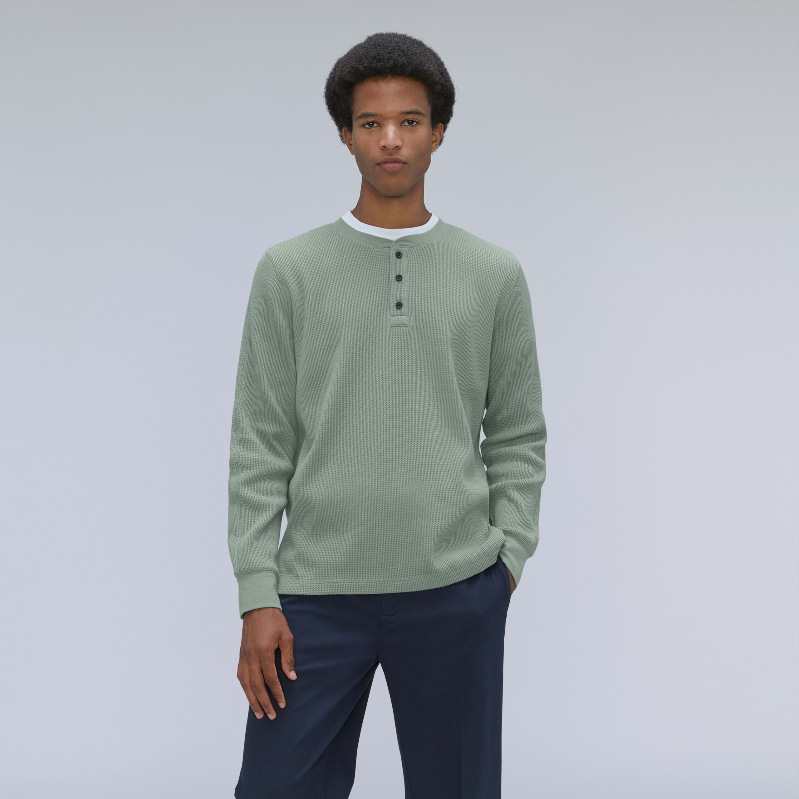 Men's Waffle Long-Sleeve Henley T-Shirt by Everlane in Lily Pad - IndieGetup