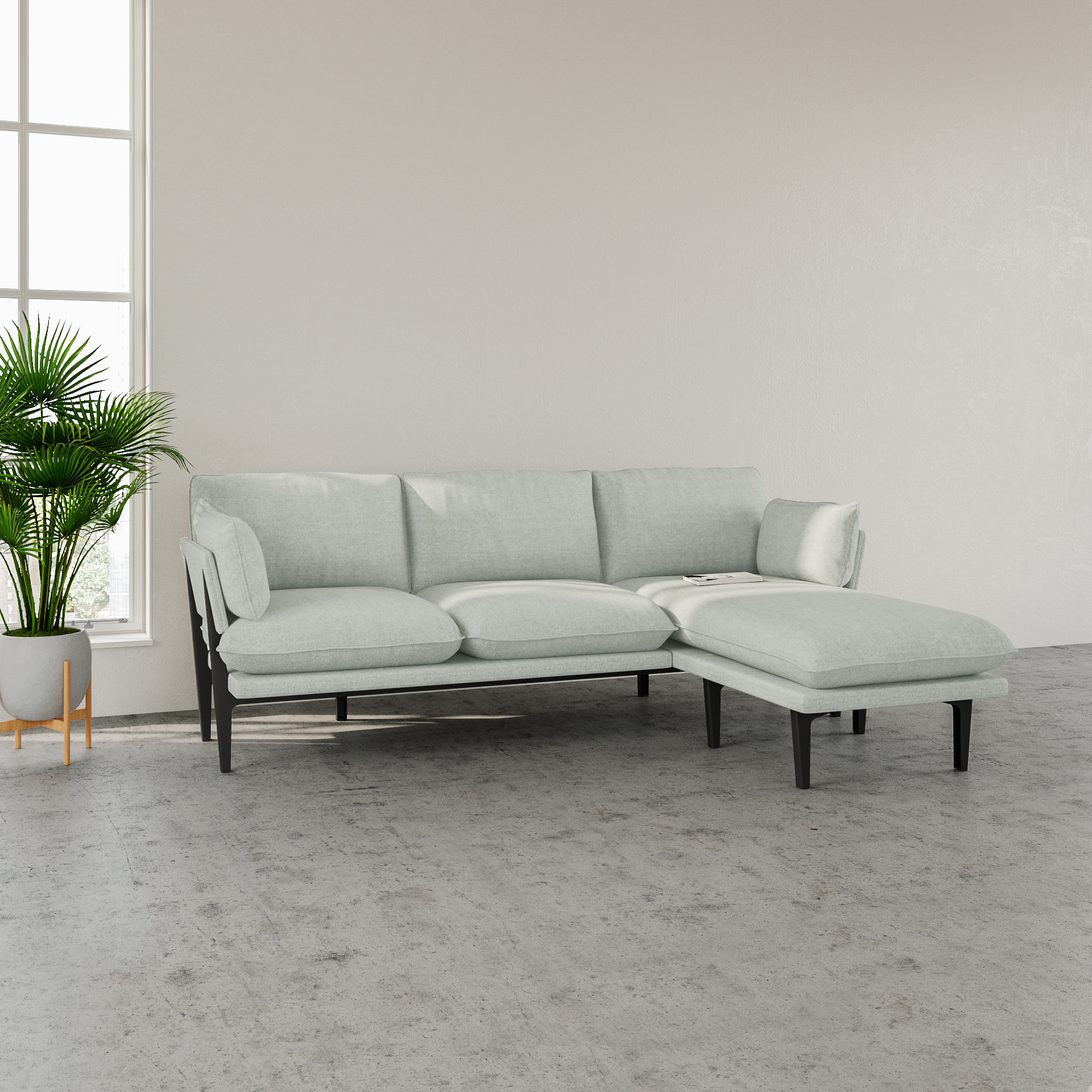 The Floyd Sofa, 3 Seater with chaise, Light Blue, Wood Frame | Modern Sofas
