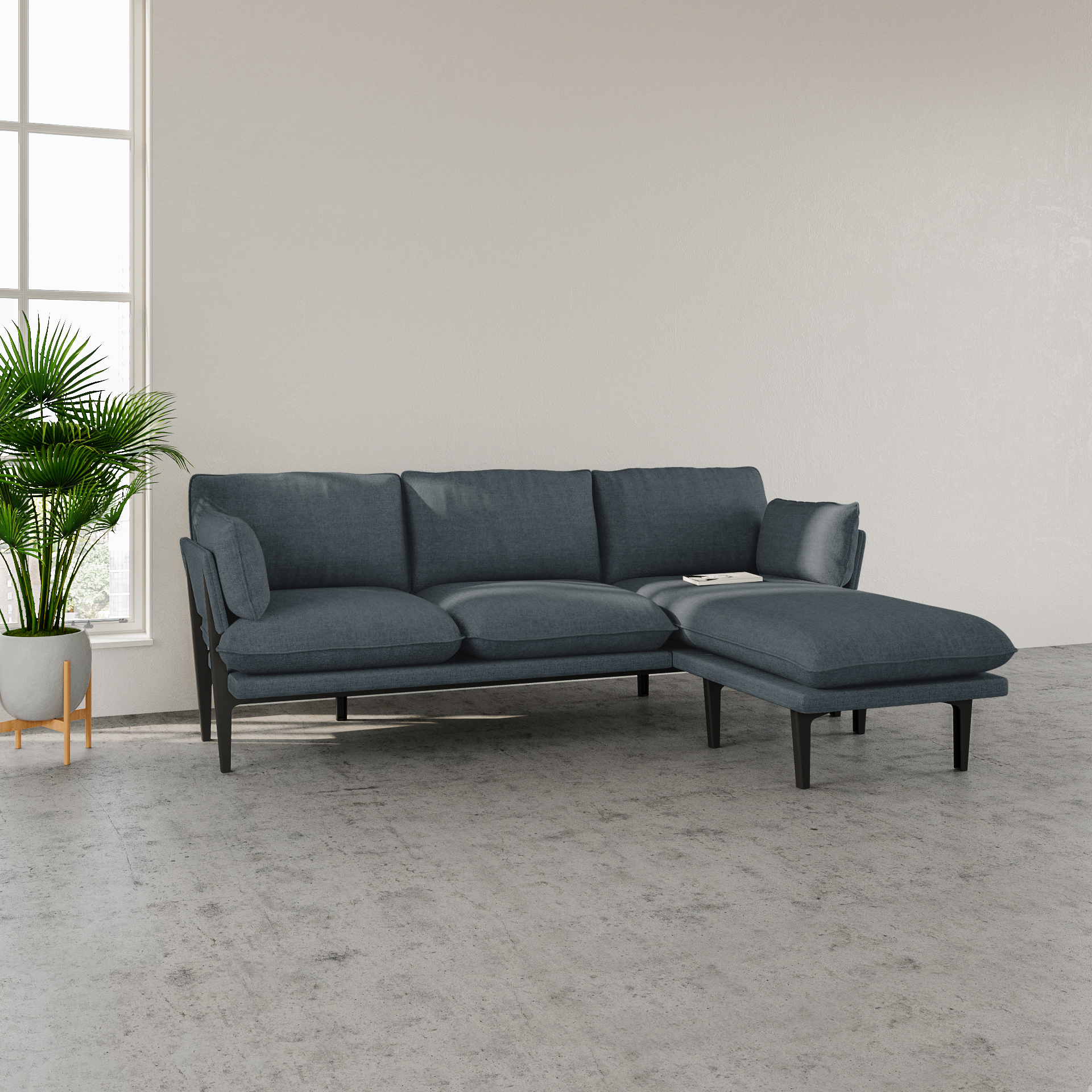 The Floyd Sofa, 3 Seater with chaise, Dark Blue, Wood Frame | Modern Sofas